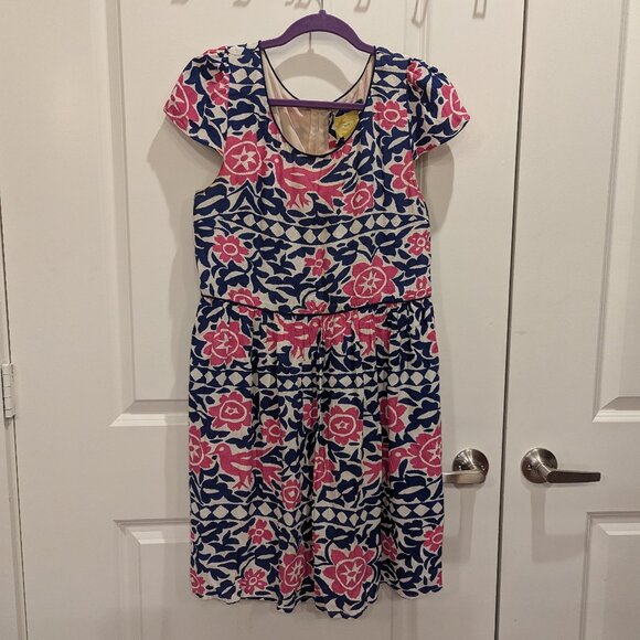 Anthropologie Maeve Peralta pink and blue bird patterned midi Dress Sz 12p - Picture 1 of 6